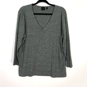 Rafaella Grey V Neck Studded Stone 3/4 Sleeves Lightweight Sweater Sz XXL